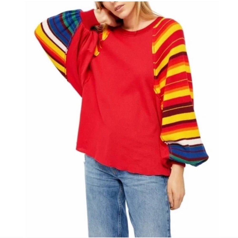 Free People Red Thermal w/ Sweater Striped Sleeves